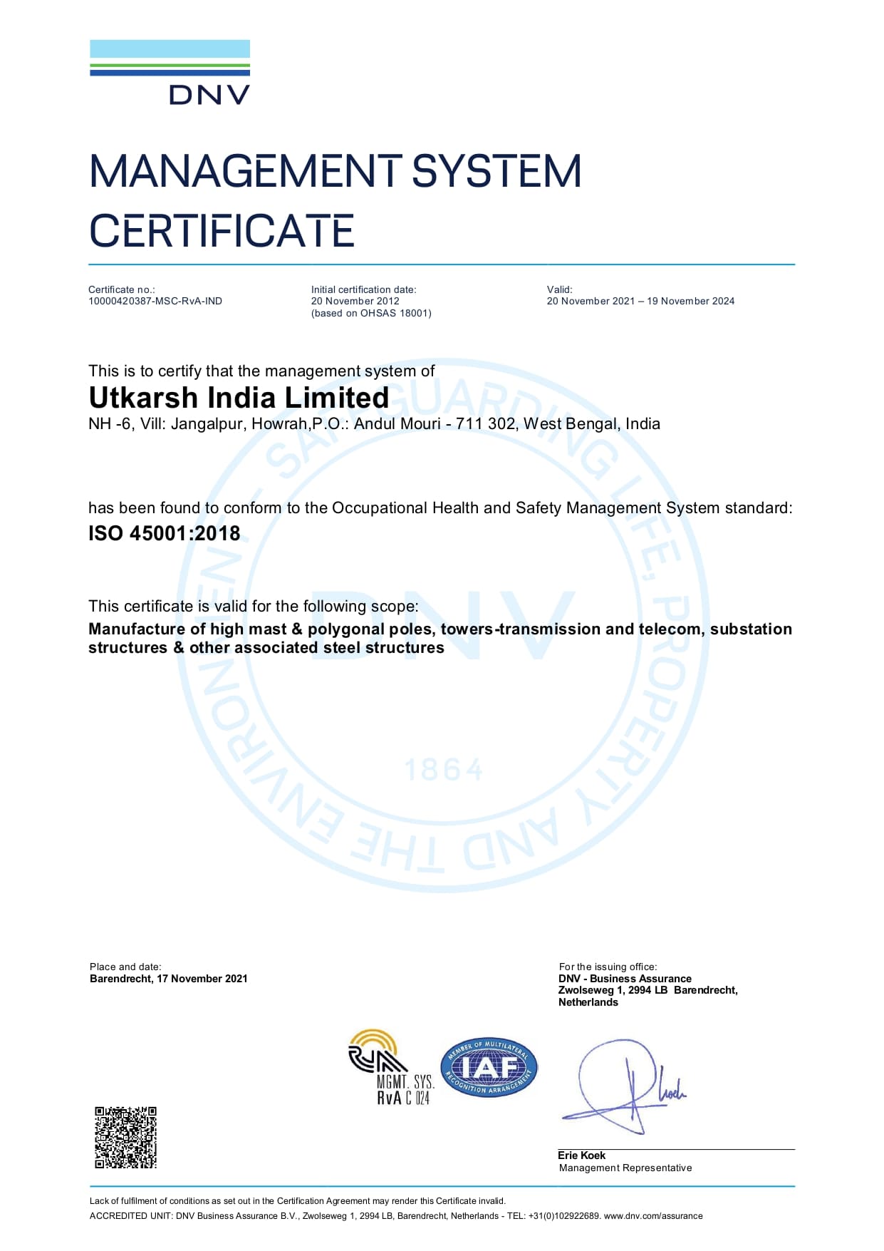 Management System Certificate ISO-45001-2018