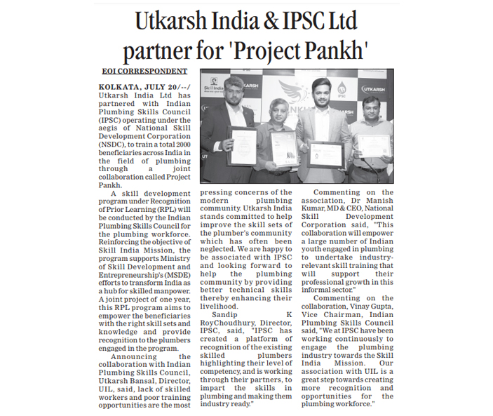 Utkarsh India Ltd and Indian Plumbing Skills Council Shakes Hands For 2000 Plumbers